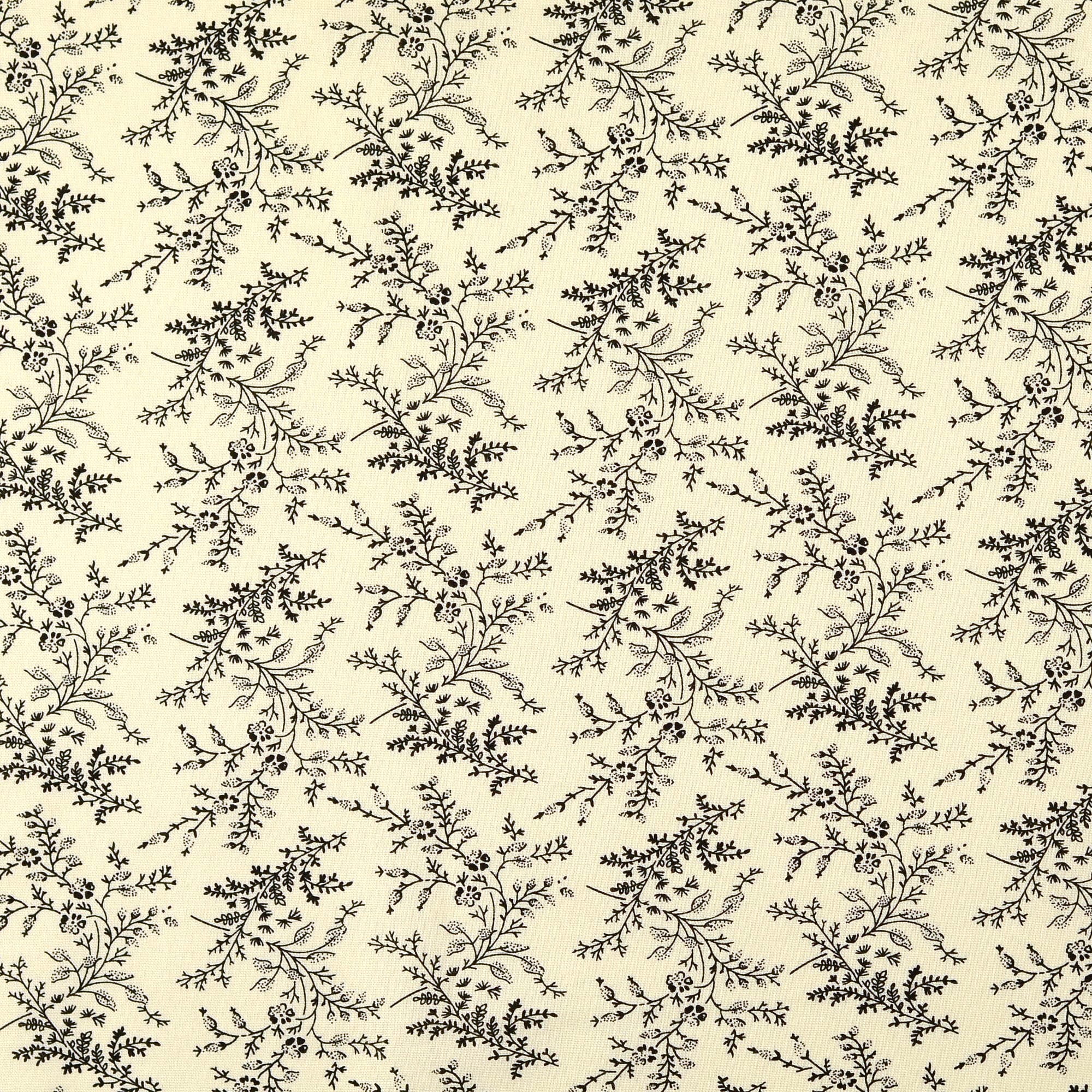 Baumwollstoff Popeline mit Vintage-Blütenzweigen - creme/schwarz