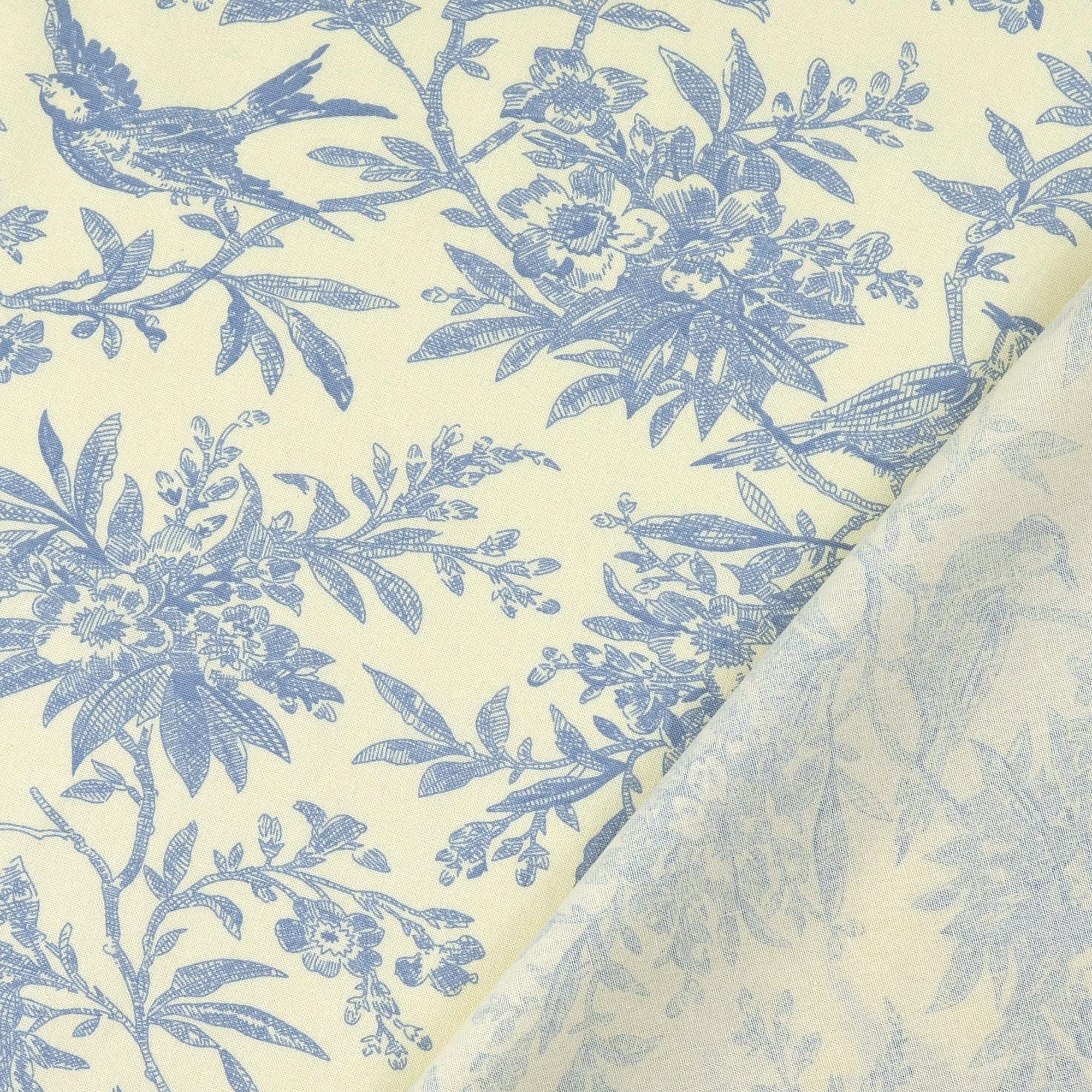 Baumwollstoff Popeline mit Vintage-Vögeln und Blumenranken - creme/dusty blue (N003)