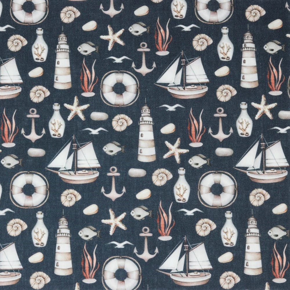 Baumwollstoff Digital mit maritimen Motiven  - dark navy