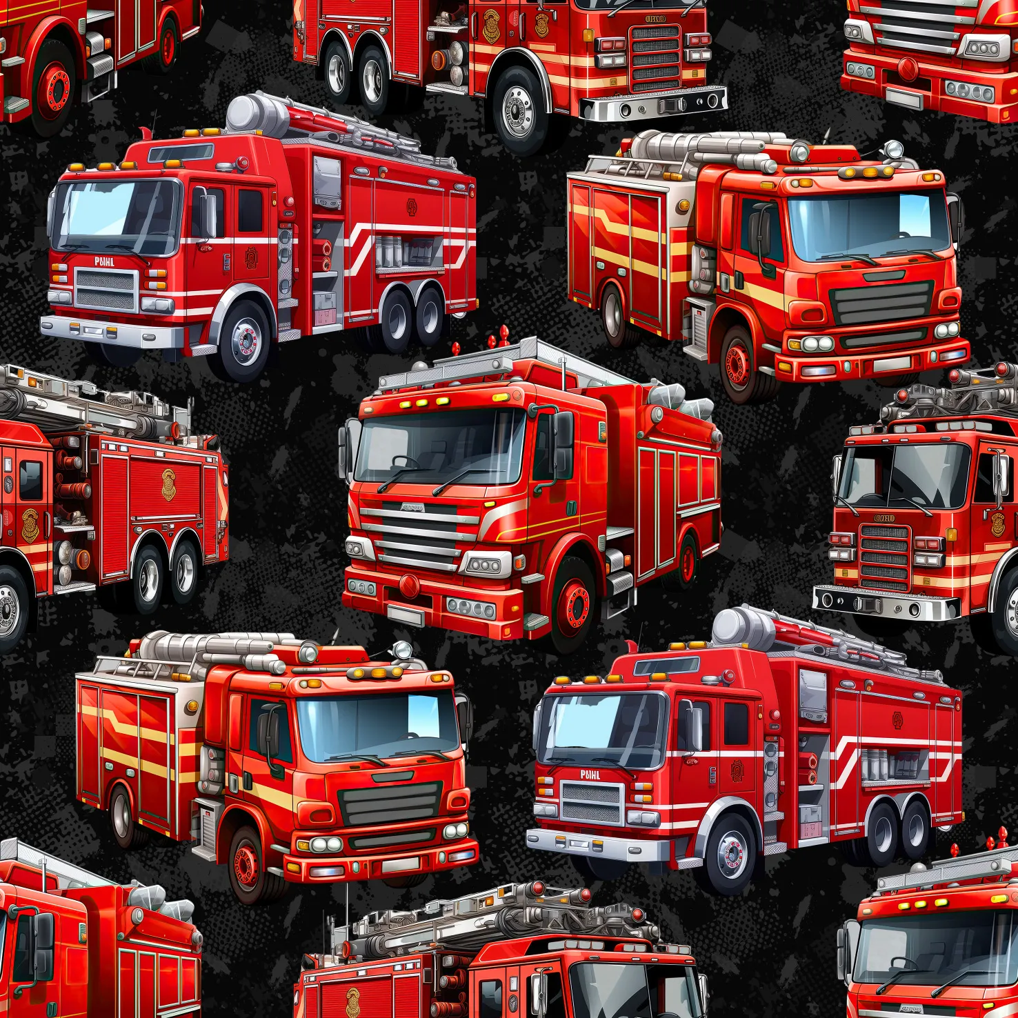 Digital bedruckter Sommersweat mit roten Feuerwehrfahrzeugen auf schwarzem Hintergrund mit leichter Struktur - kindgerechtes Design für Nähprojekte