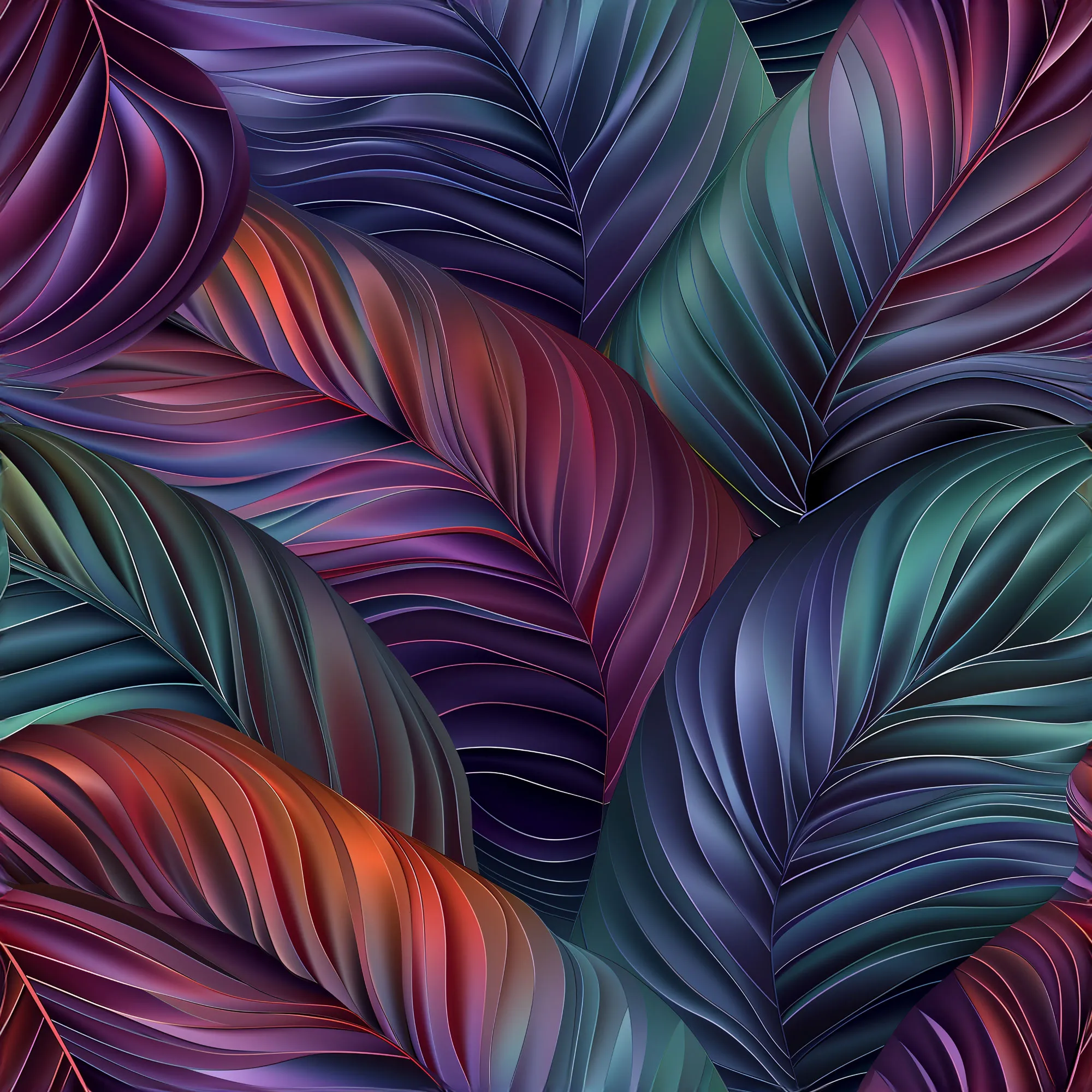 Digital bedruckter Sommersweat mit abstraktem Blättermuster in leuchtenden Farben auf dunklem Hintergrund - moderner Stoff für kreative Mode.