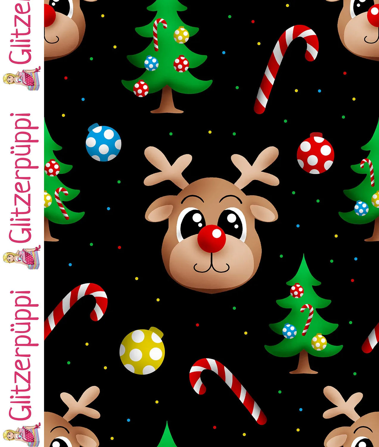 Glitzerpüppi French Terry Digital mit Weihnachts-Rentieren - schwarz (N069)