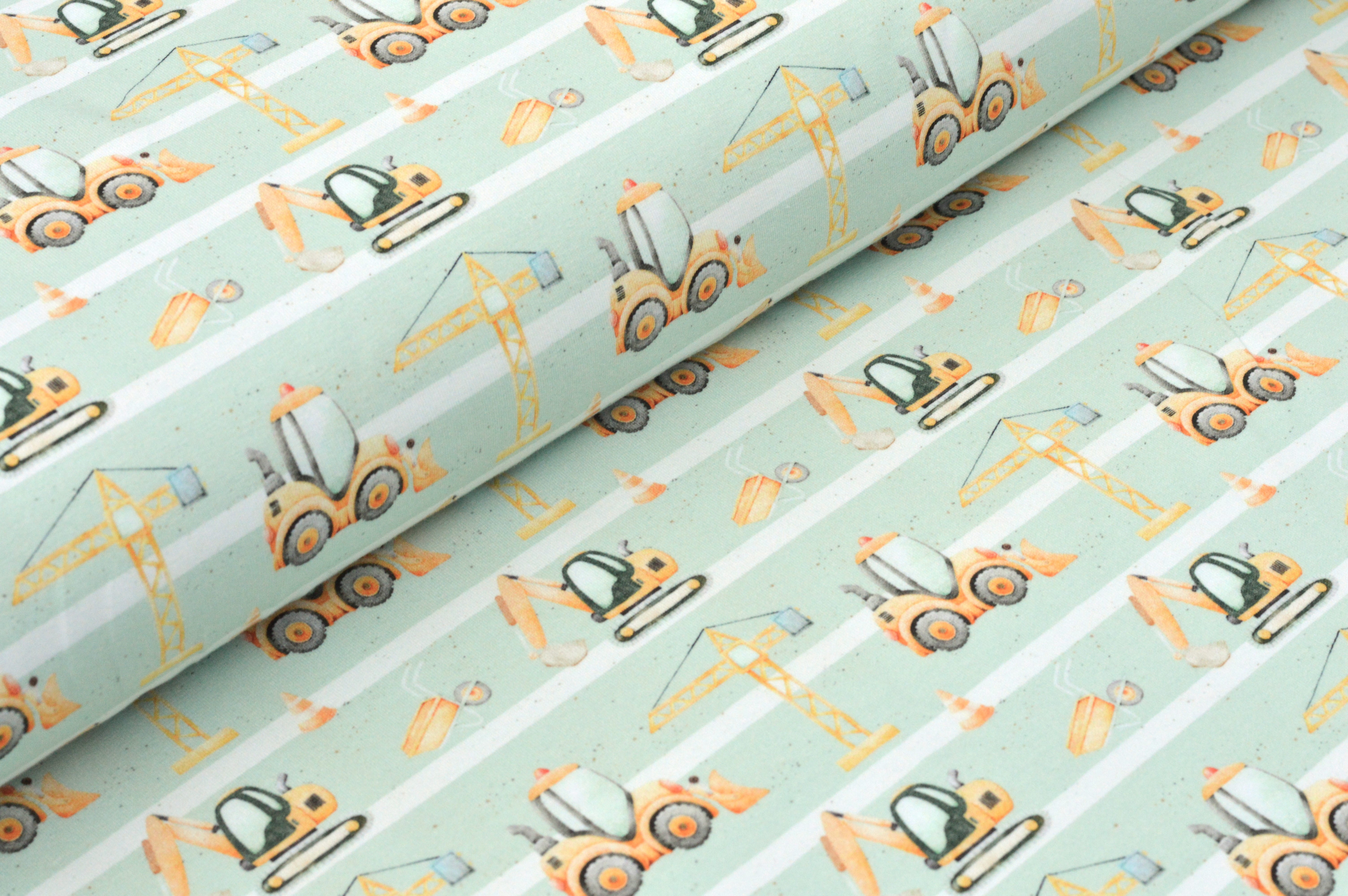 Digitaljersey Eigenproduktion "Little Construction" mit Baufahrzeugen und Kränen - mint/weiß gestreift