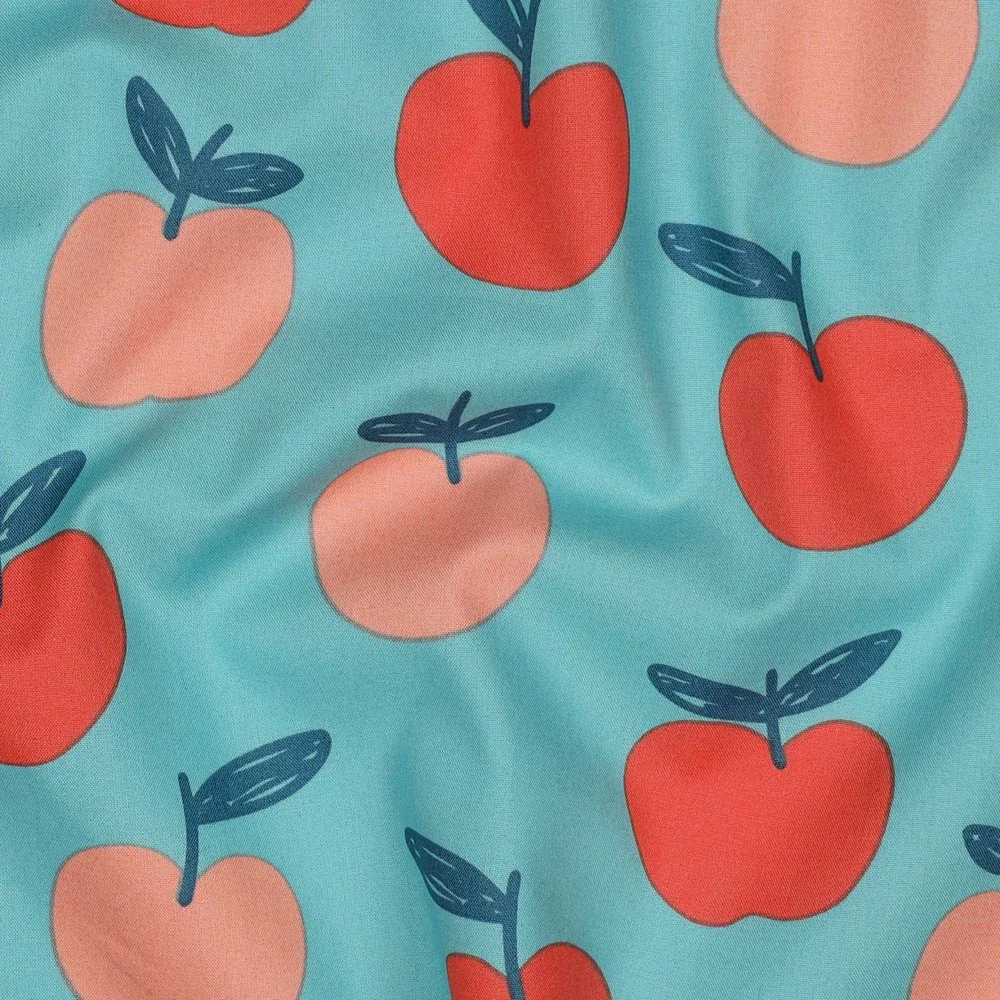 Baumwollstoff Popeline gestreift mit Äpfeln - dark dusty aqua