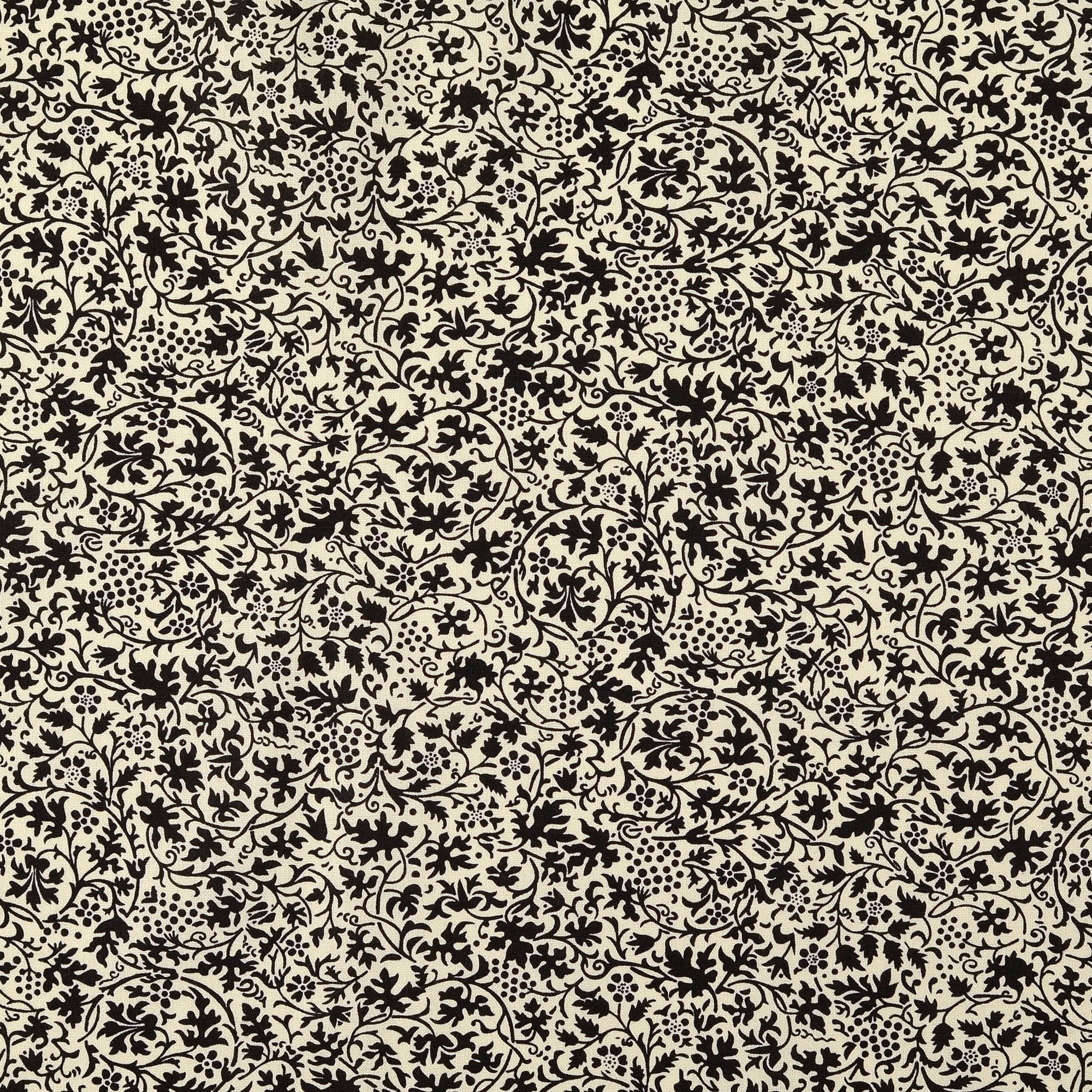 Baumwolle Popeline "Vintage Botanica" mit Blätter schwarz/creme (N069)