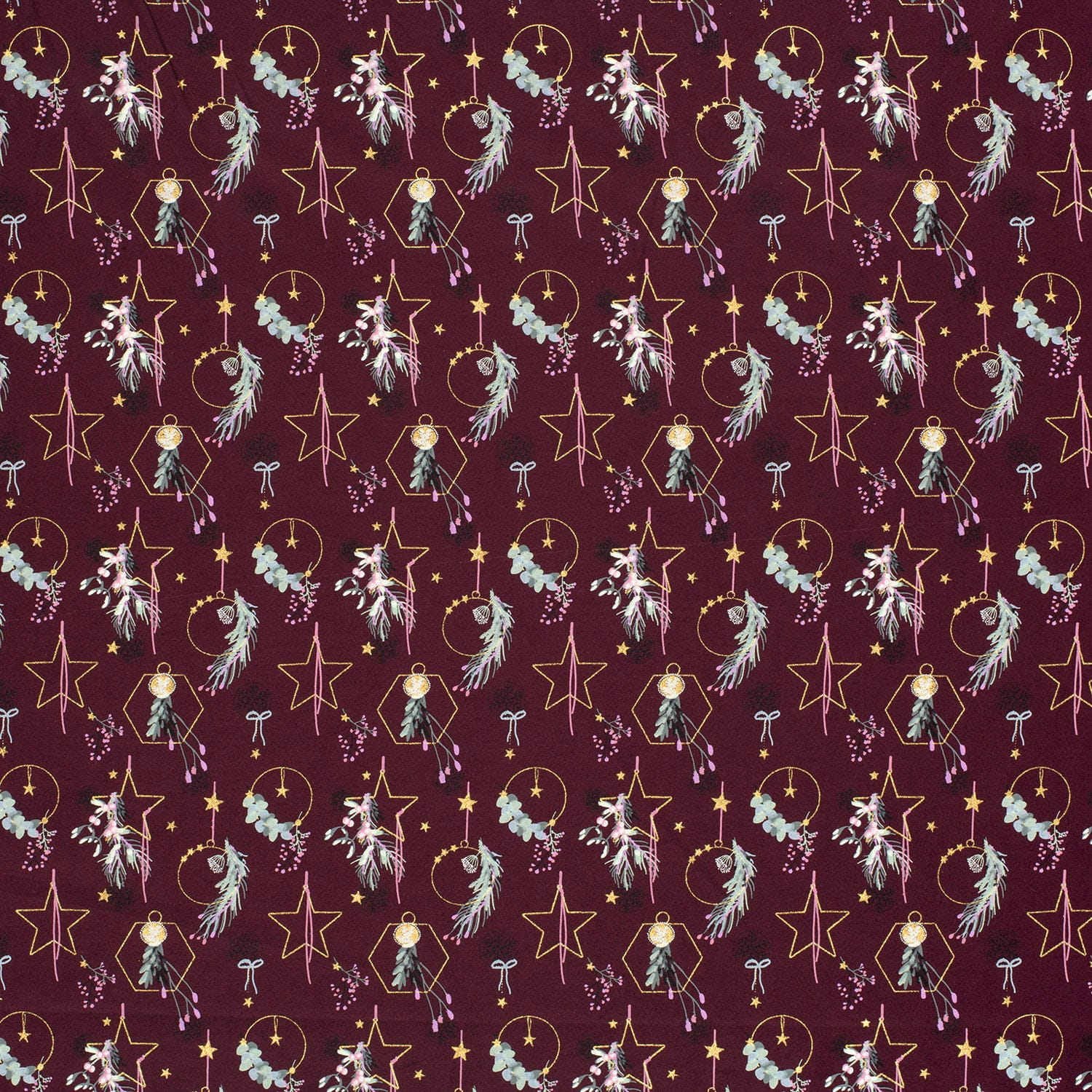 Baumwollstoff mit Sternen und Zweigen - bordeaux