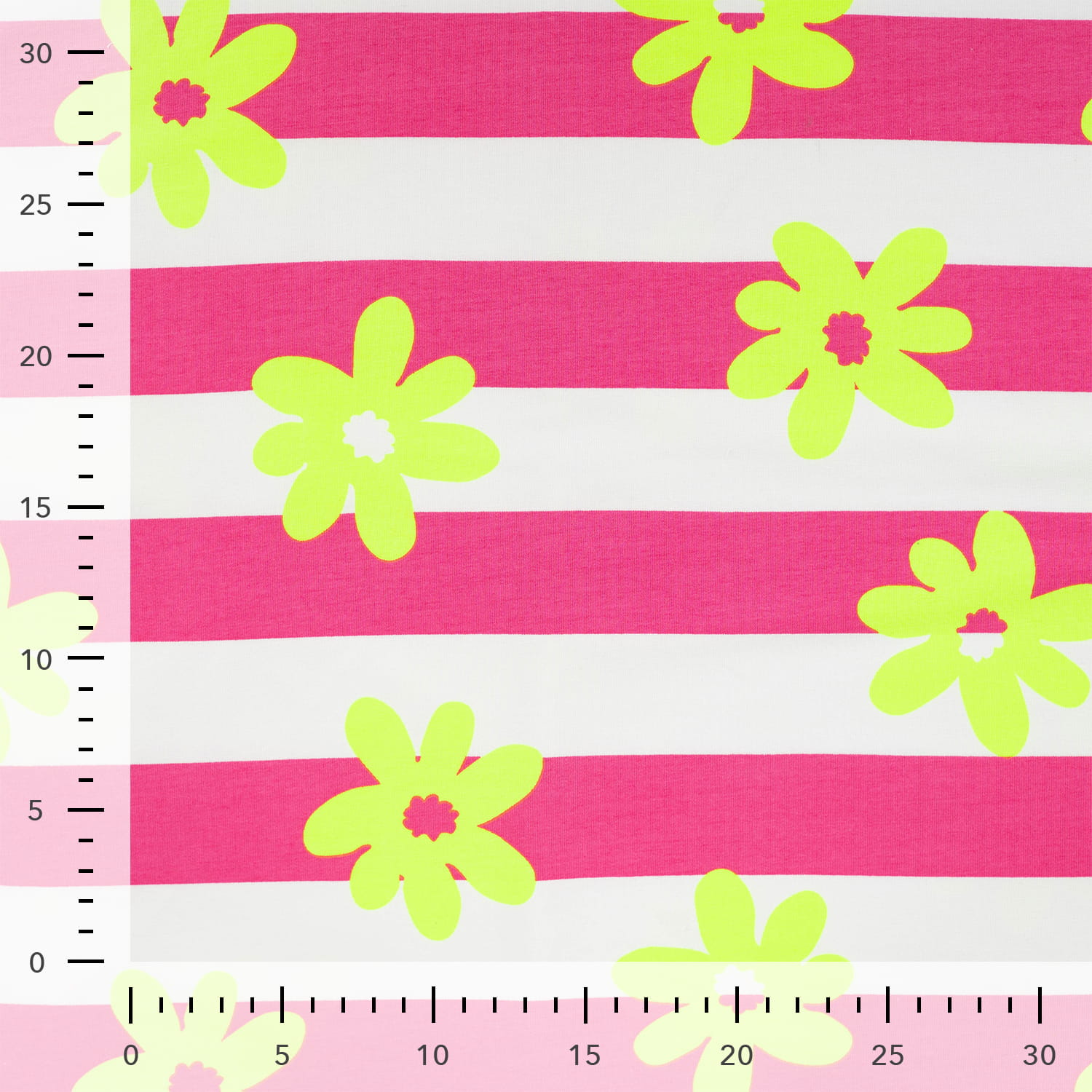 French Terry "Stripes & Flowers" mit neon gelben Blumen und Blockstreifen - pink/weiß (Q170)