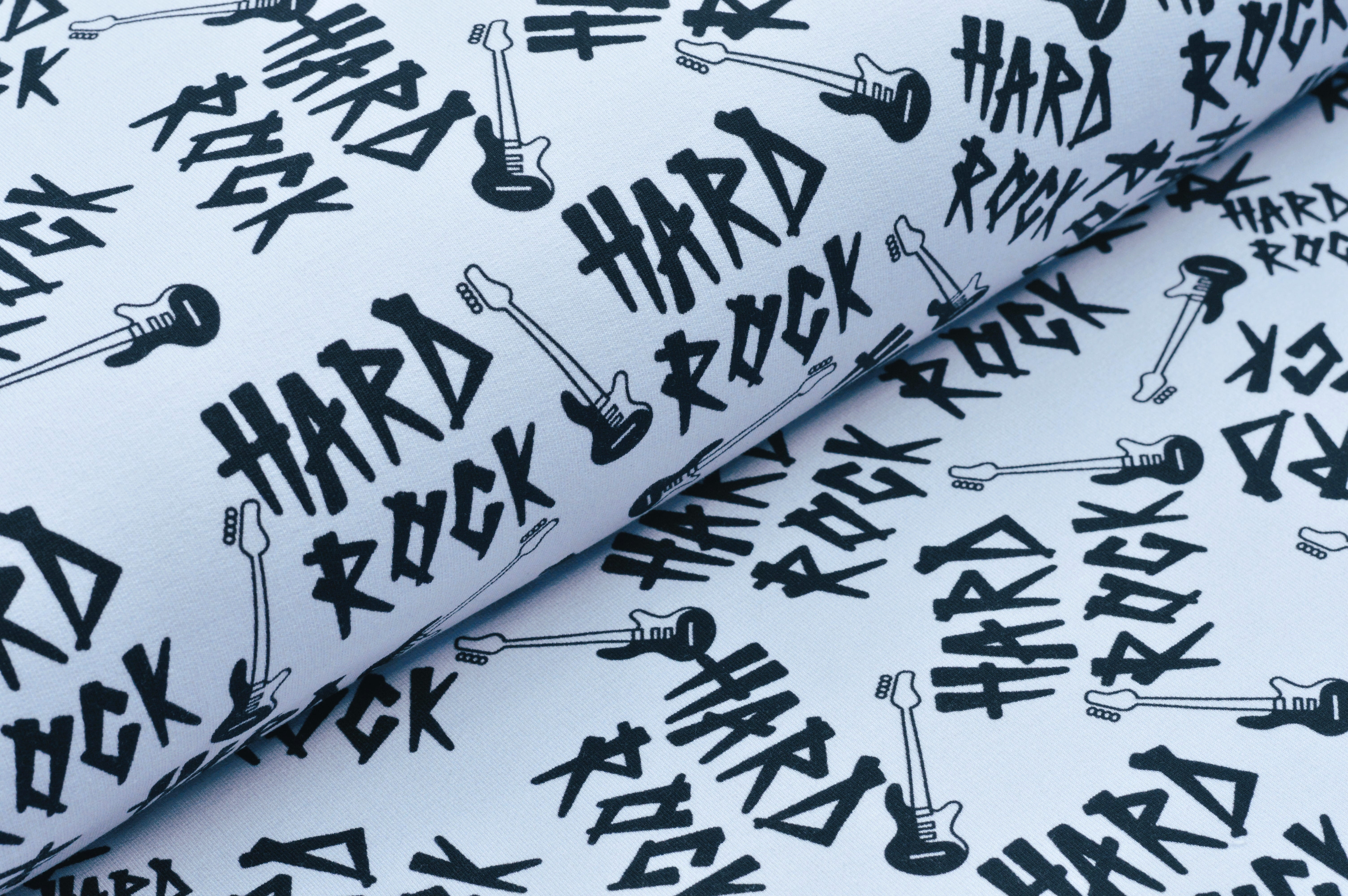 French Terry Digital Eigenproduktion "Hard Rock" mit Gitarren und Schrift - hellgrau