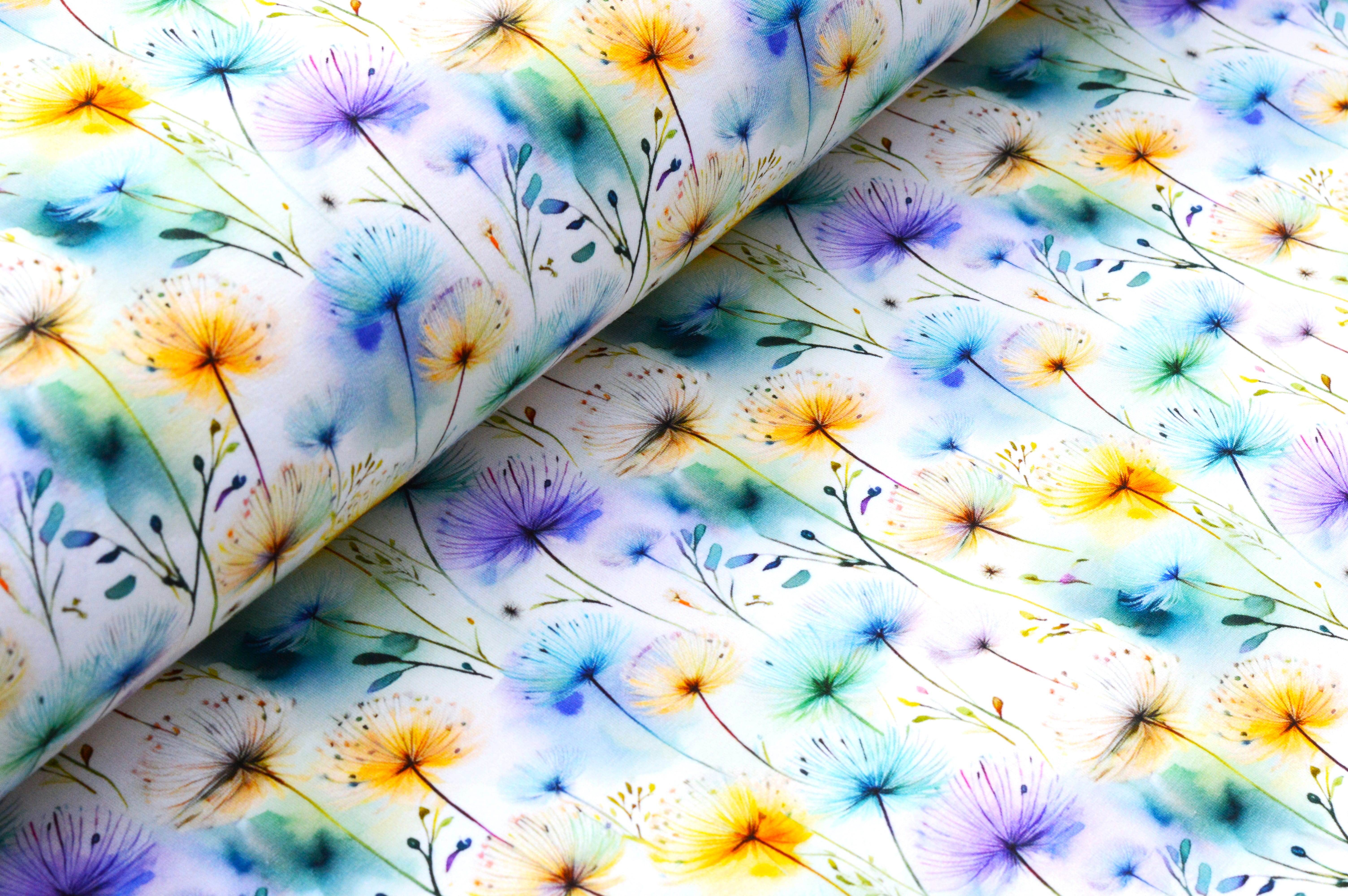 Digitaljersey Eigenproduktion "Dandelion Dreams" mit Pusteblumen - weiß/lila/petrol/ocker