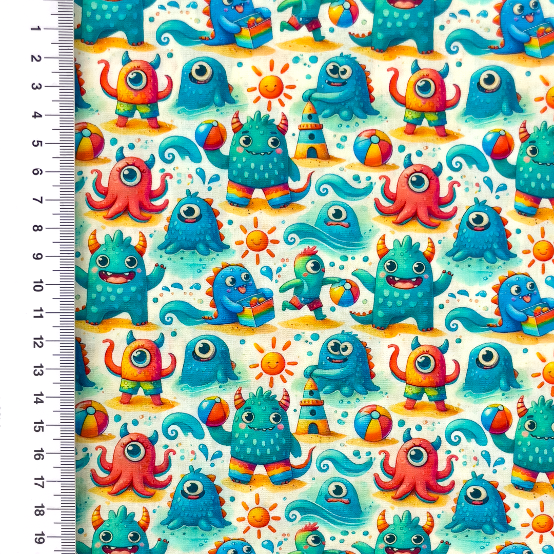 Baumwollstoff Popeline Digitaldruck mit süßen Strandmonstern - creme