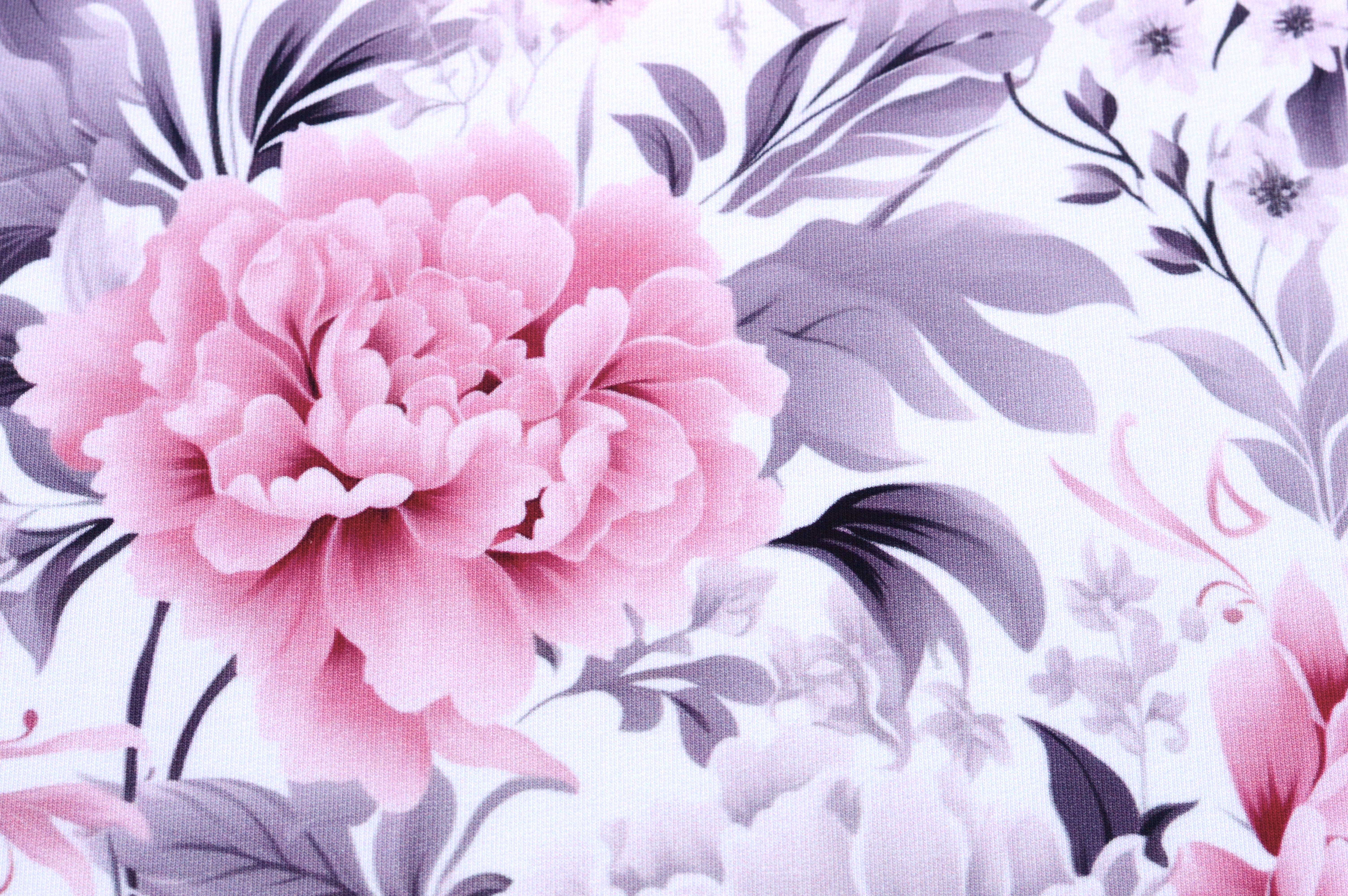 French Terry Digital Eigenproduktion "Vintage Blossom" mit rosa/grauen Pfingstrosen - ecru