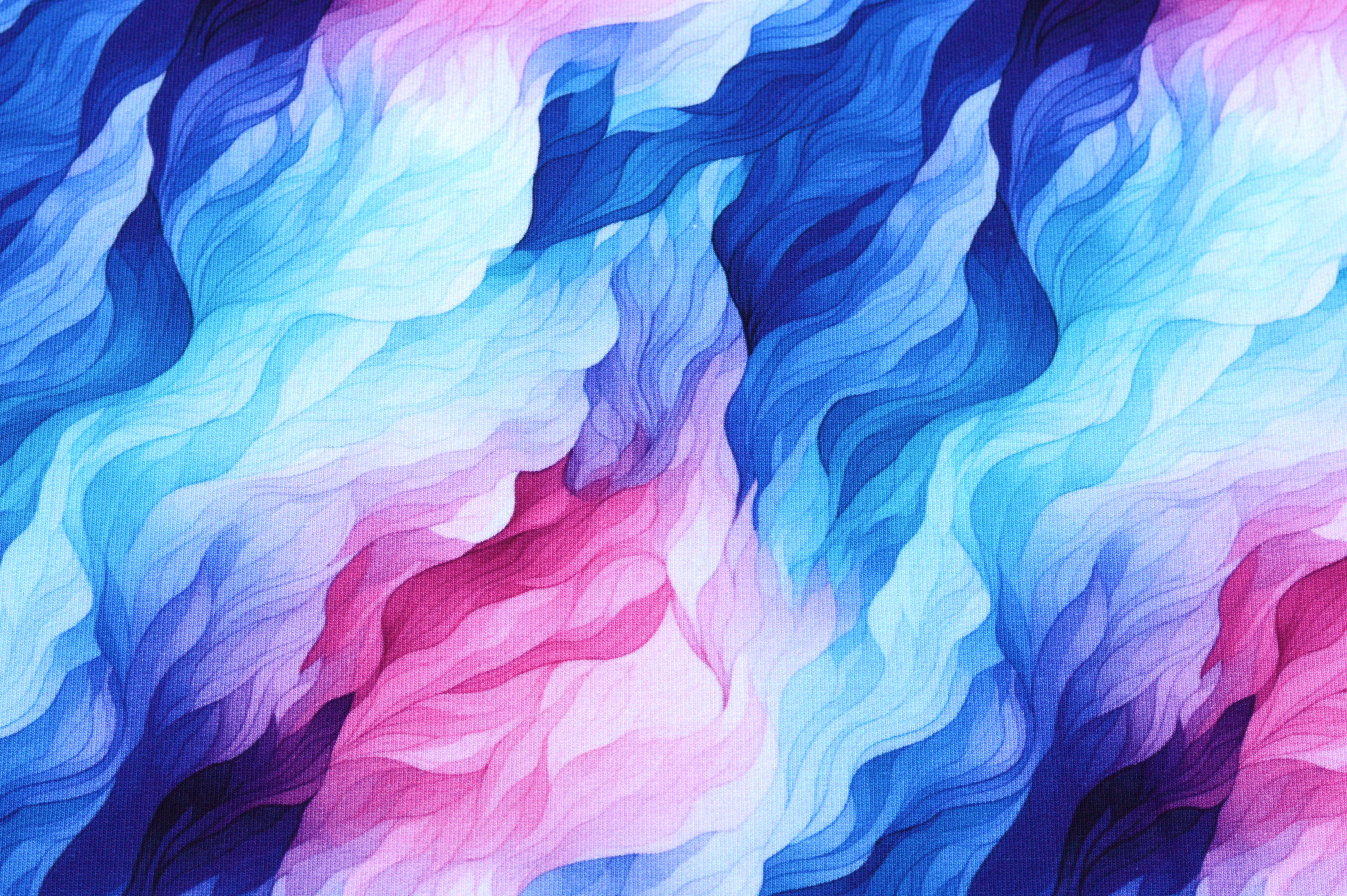 French Terry Digital Eigenproduktion "Ocean Dreams" mit Aquarell -Wellen - blau/türkis/pink/weiß