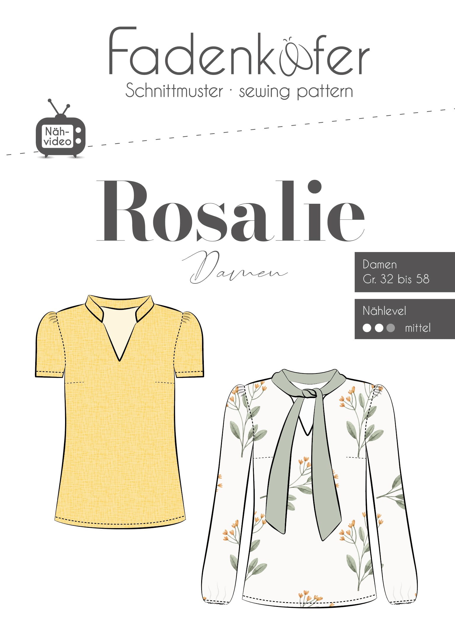 Papierschnittmuster Schluppenbluse Rosalie für Damen 32-58 von Fadenkäfer       