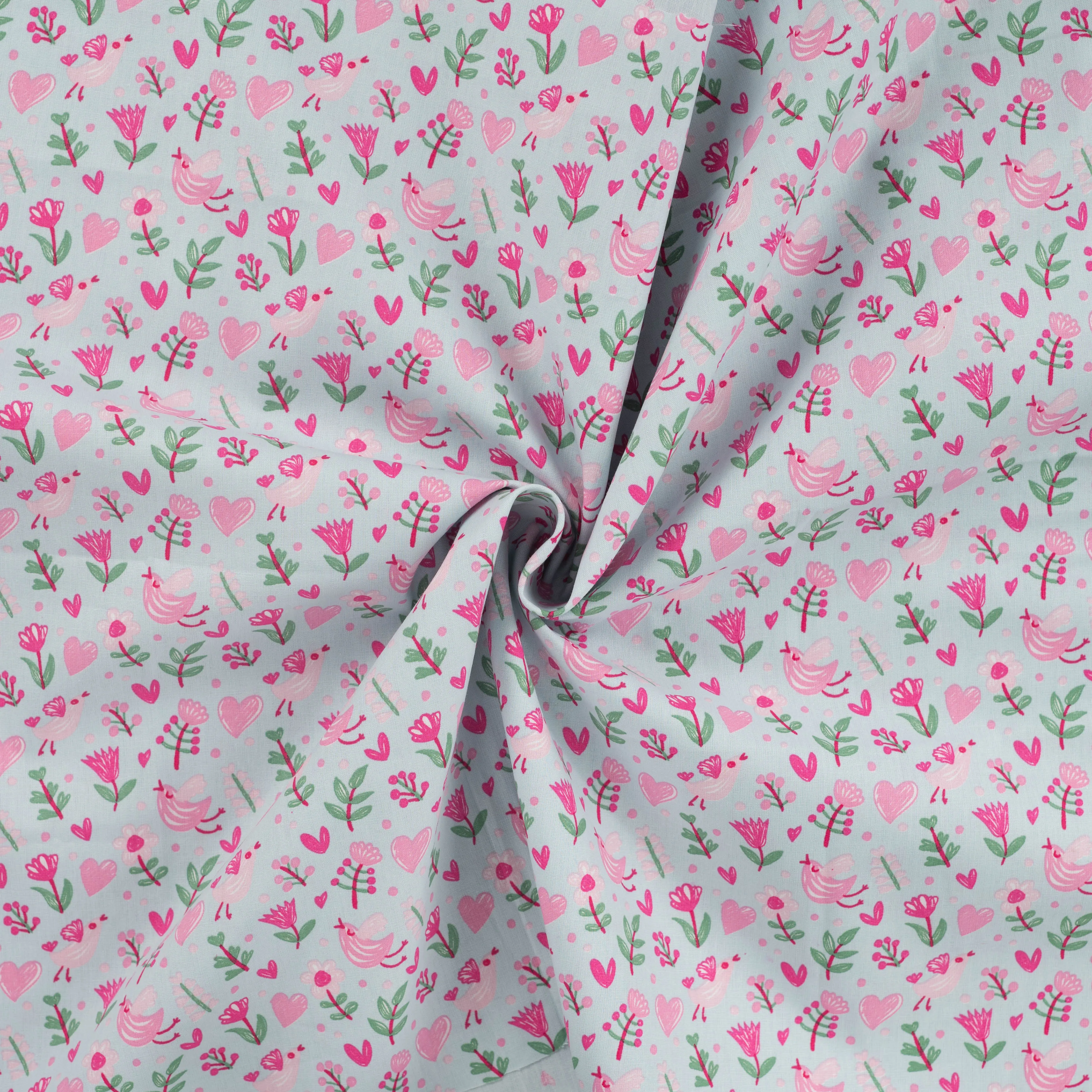 baumwoll-popeline-herzen-voegel-blumen-hellblau Baumwollstoff mit rosa Herzchen, Blumen und Vögeln auf hellblauem Hintergrund - Popeline für Kinderprojekte