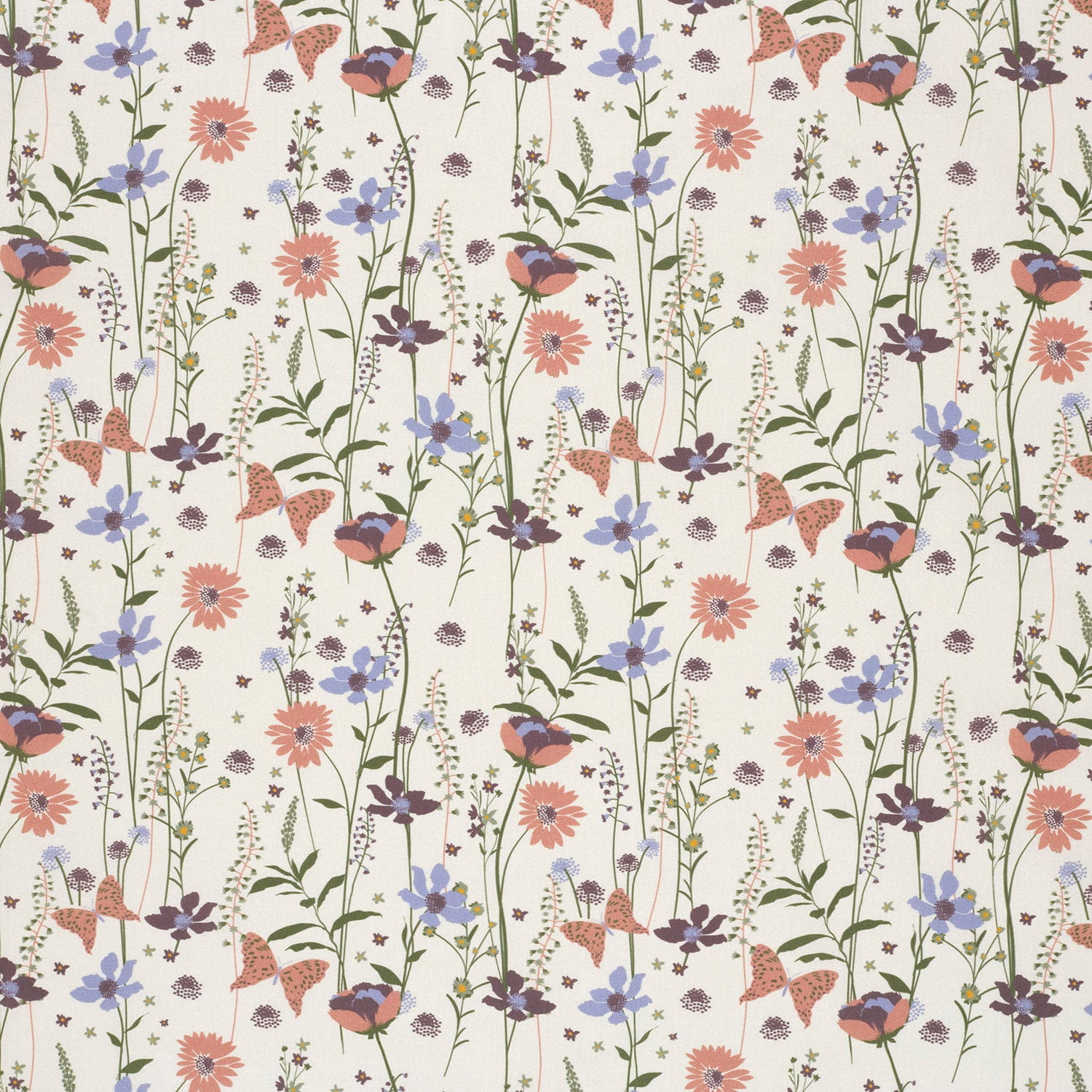 Baumwollstoff Popeline mit Schmetterlingen und Wildblumen - creme