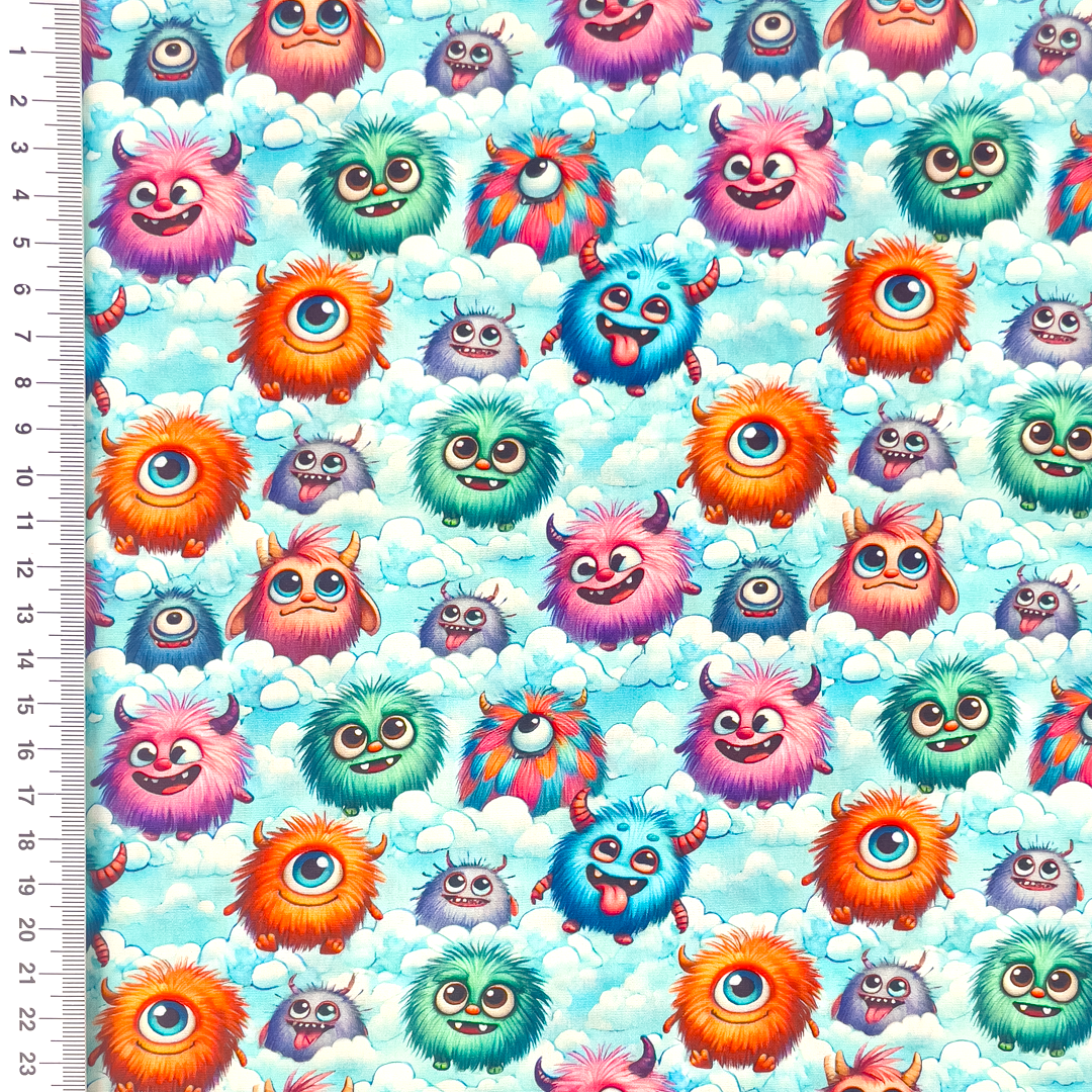 Digital bedruckte Baumwoll-Popeline mit bunten, flauschigen Monstern auf hellblauem Hintergrund mit Wolken - ideal für fröhliche Nähprojekte für Kinder.