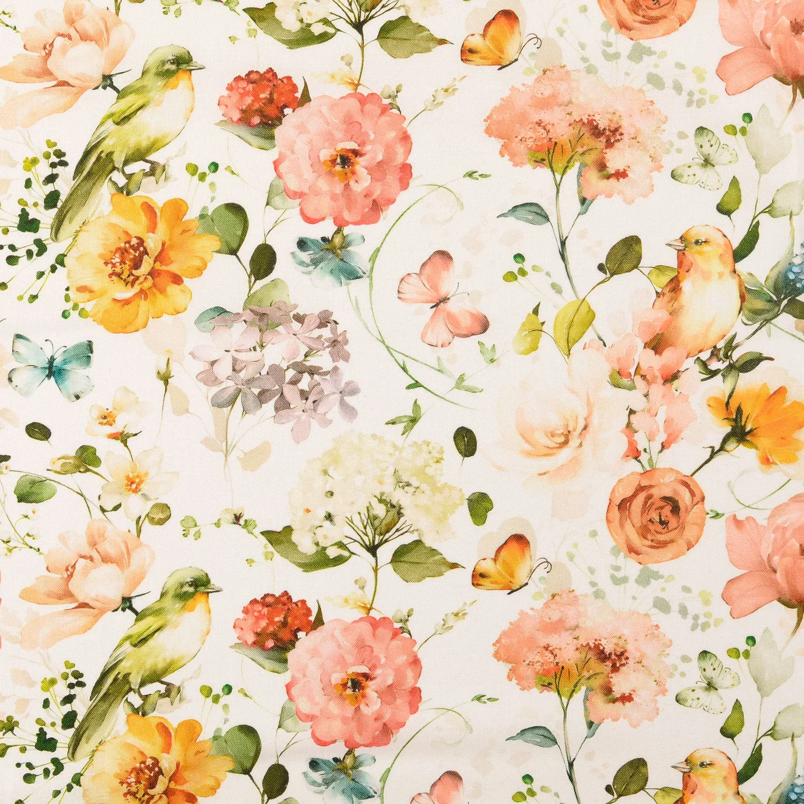 Baumwollstoff Cretonne Digital mit Blumen und Vögeln - weiß (N050)