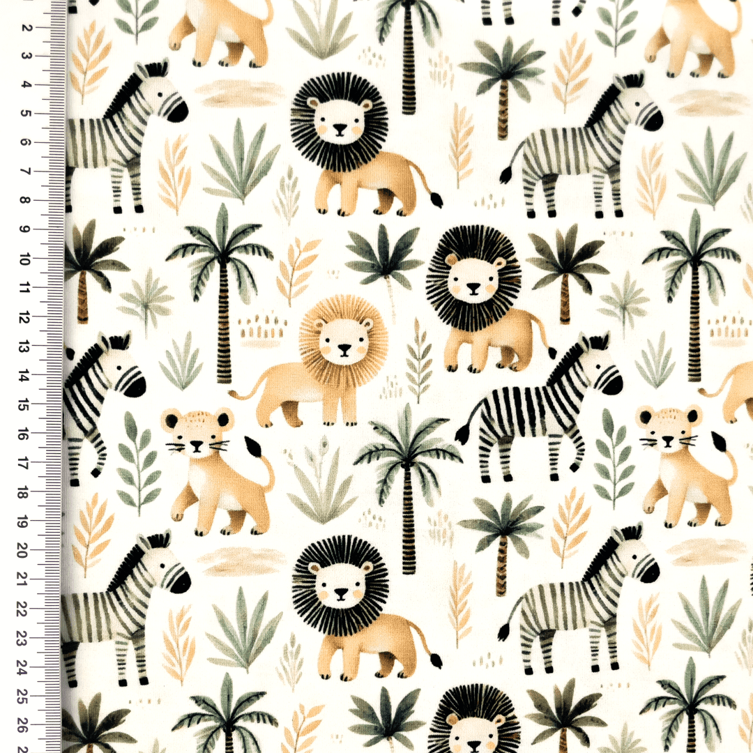 Baumwolljersey Digital "Safari Life" mit Löwen und Zebras - creme 