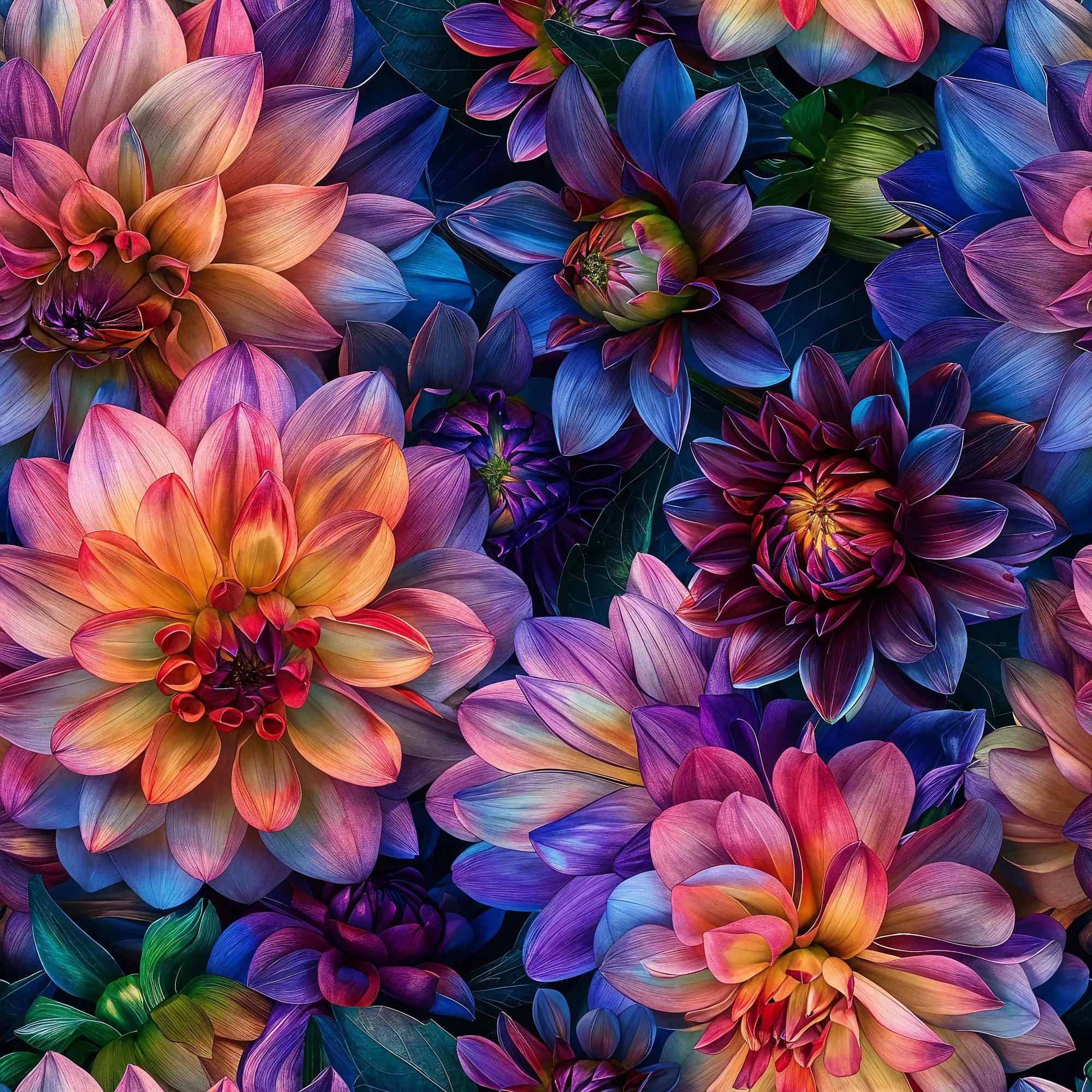 Digital bedruckter Sommersweat mit detailreichen Dahlien in kräftigen Regenbogenfarben auf dunklem Grund - ideal für farbenfrohe DIY-Kleidung-