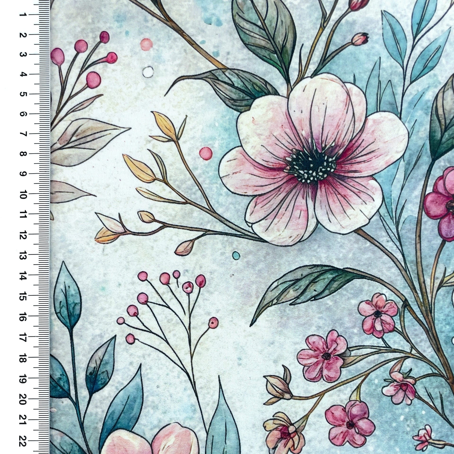 Viskosejersey Digital mit gemalten Blumen und Blättern - dusty blue/weiß