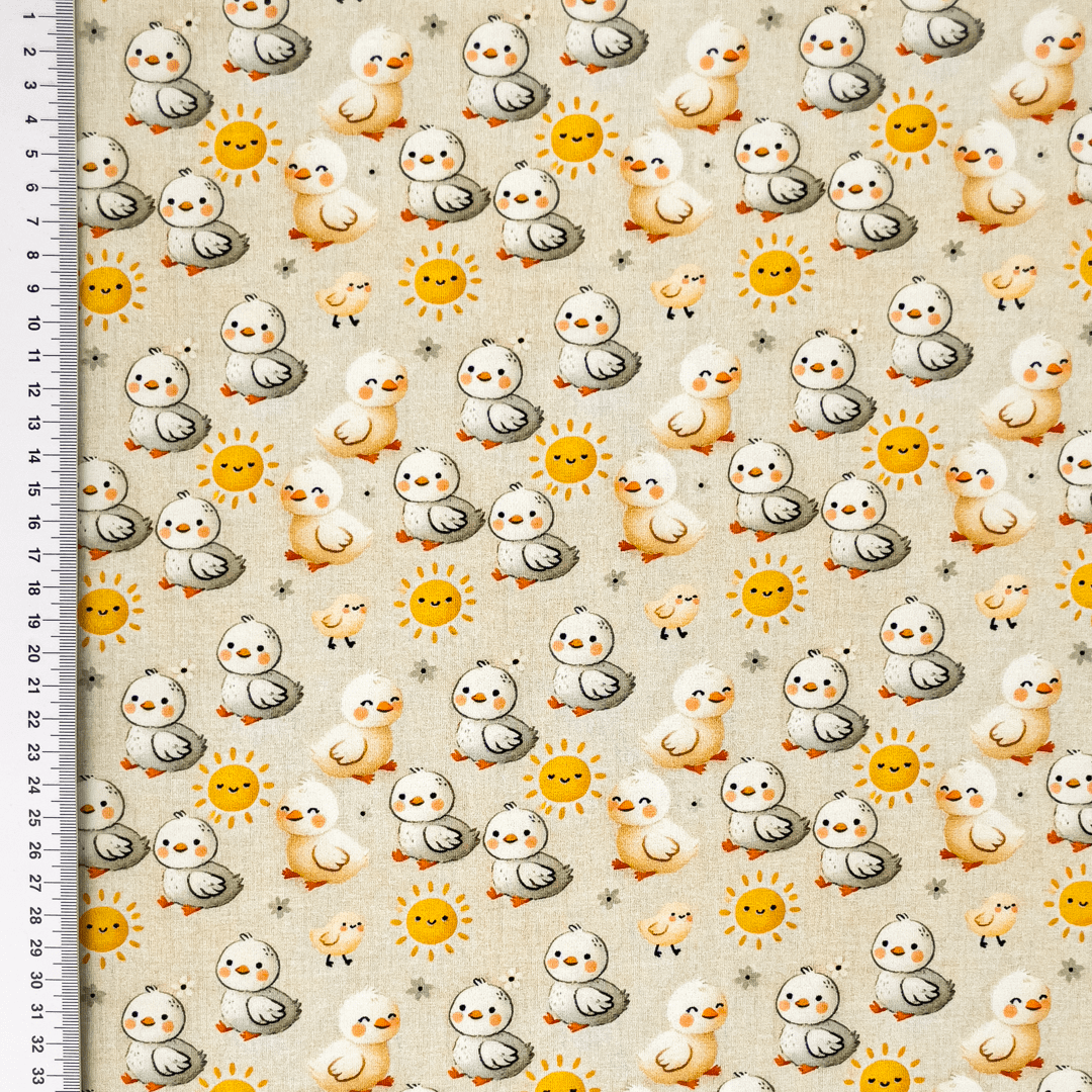 Baumwolljersey Digital mit Küken und Sonnen - beige