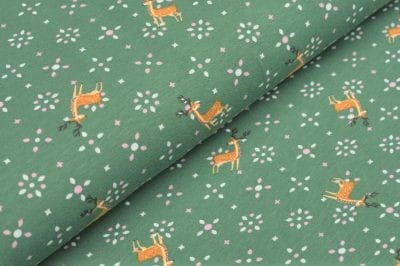Baumwolljersey grün mit Hirschen und grafischen Blumen   