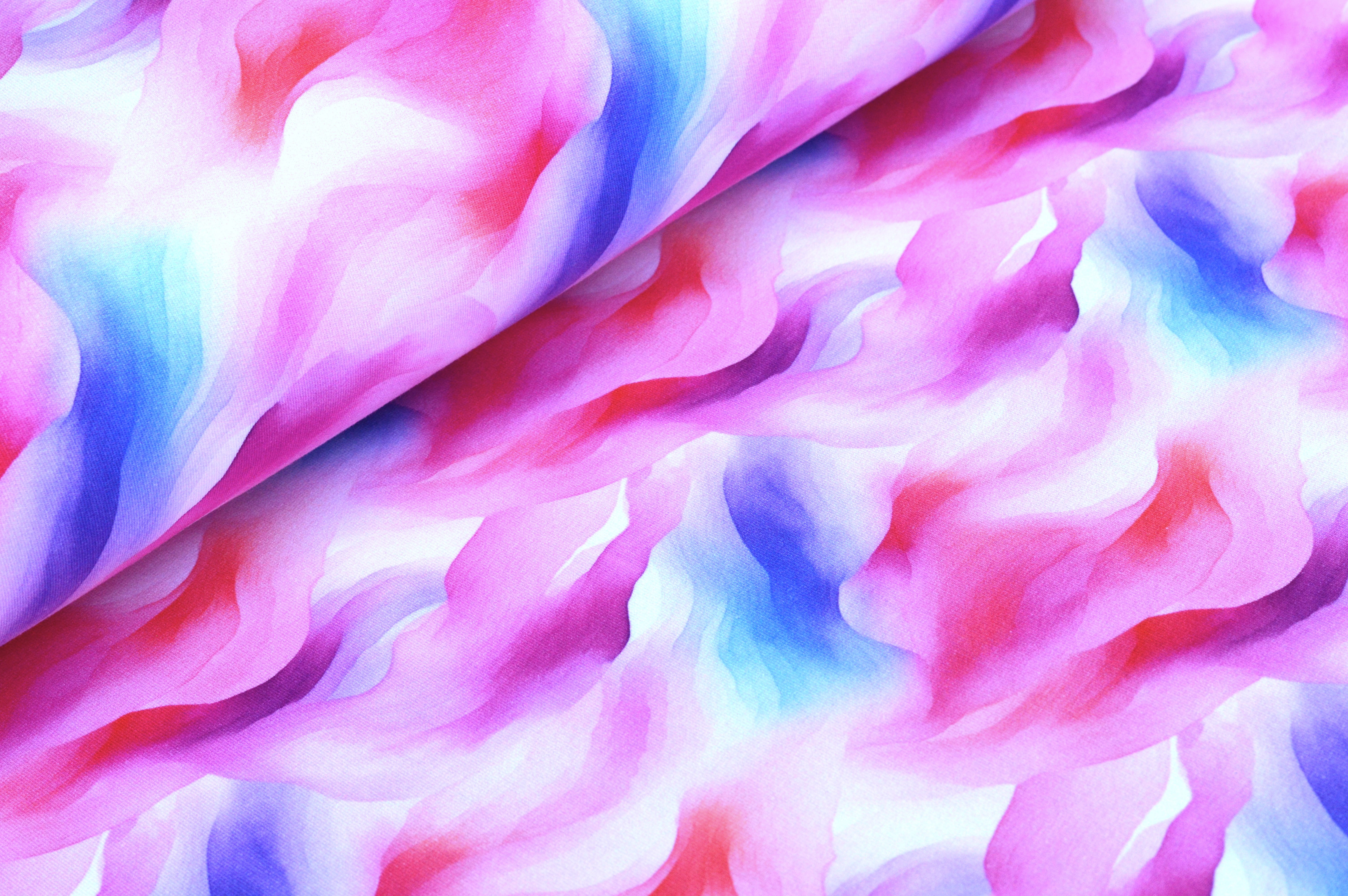 French Terry Digital Eigenproduktion "Pink Waves" mit Aquarellwellen - pink/koralle/blau/weiß 