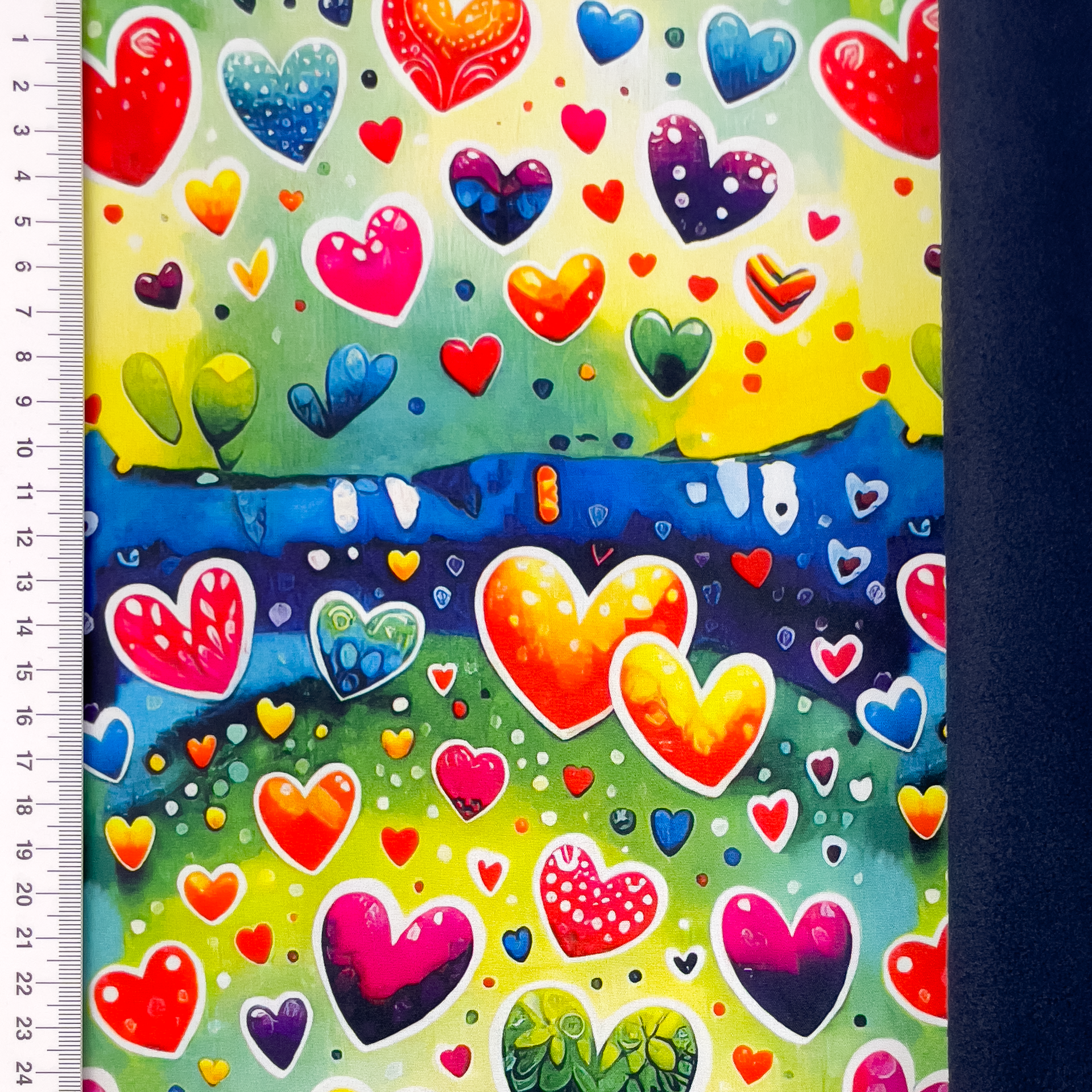 Softshell Digital "Happy Hearts" mit bunten Herzen - grün/gelb/blau