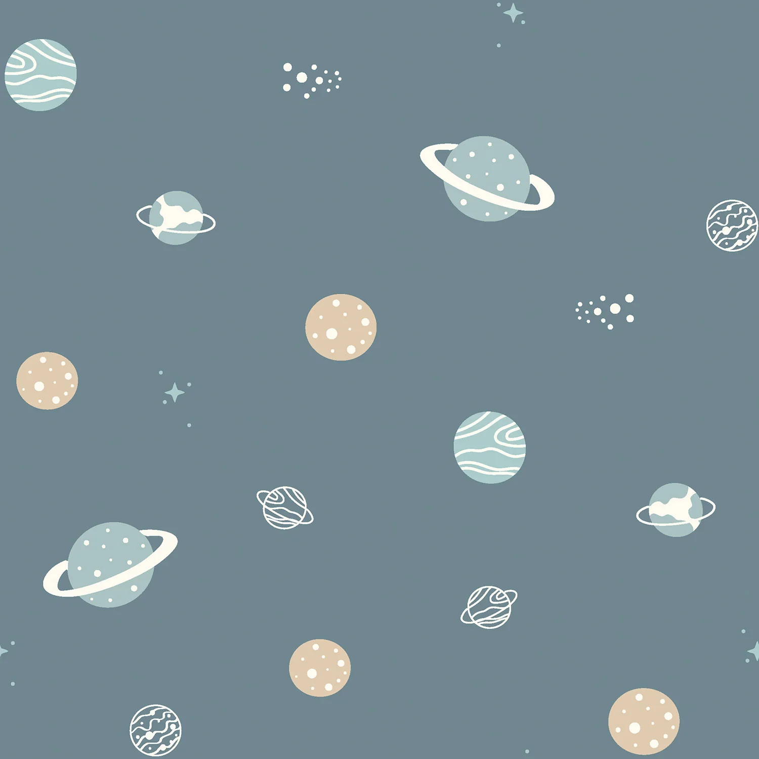 Rauchblauer Baumwolljersey mit Planeten und Sternen als Muster, ideal für Kinderkleidung