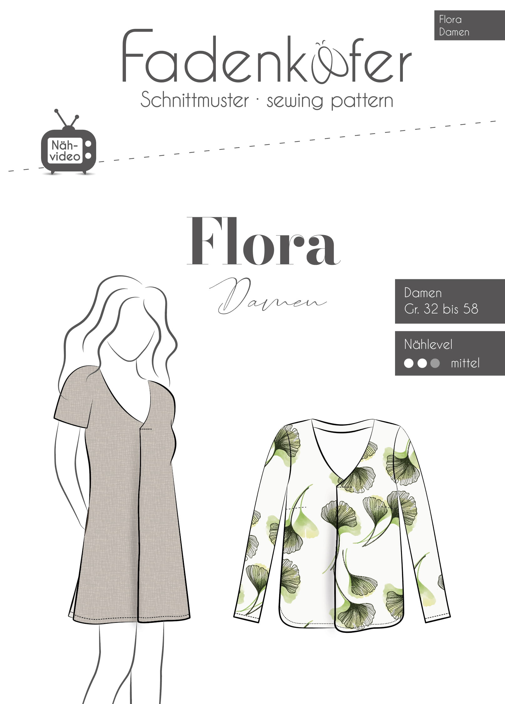 Papierschnittmuster Bluse/Tunika Flora für Damen 32-58 von Fadenkäfer   