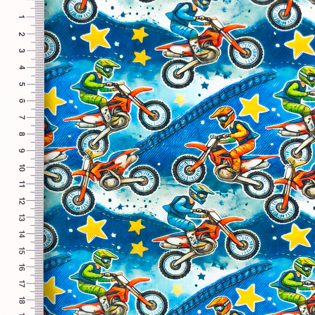 Baumwollstoff Popeline Digitaldruck mit Motocross Motorrädern - blau