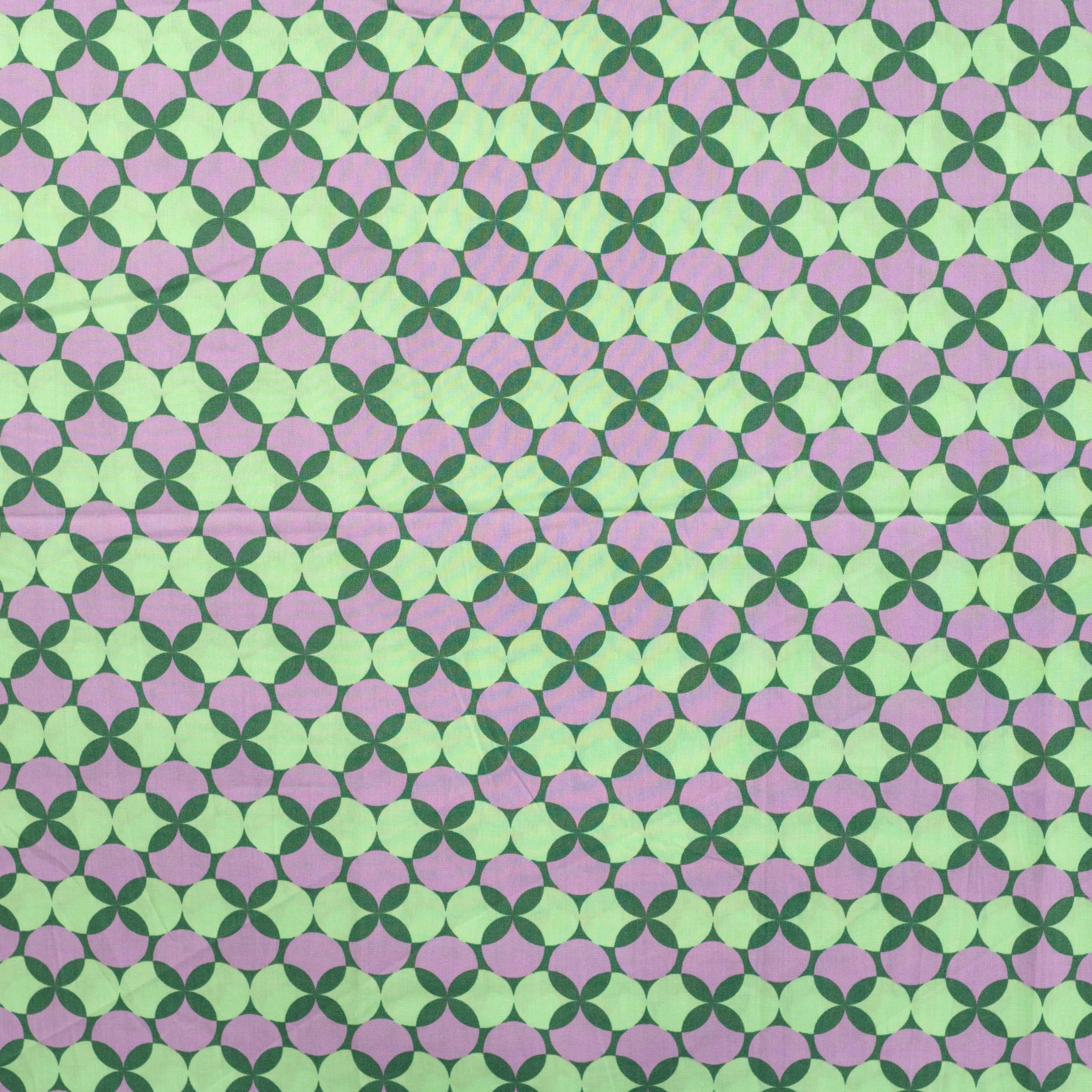Baumwollstoff mit Retro-Kreismuster in Grün und Flieder - fein gewebte Popeline mit grafischem Design