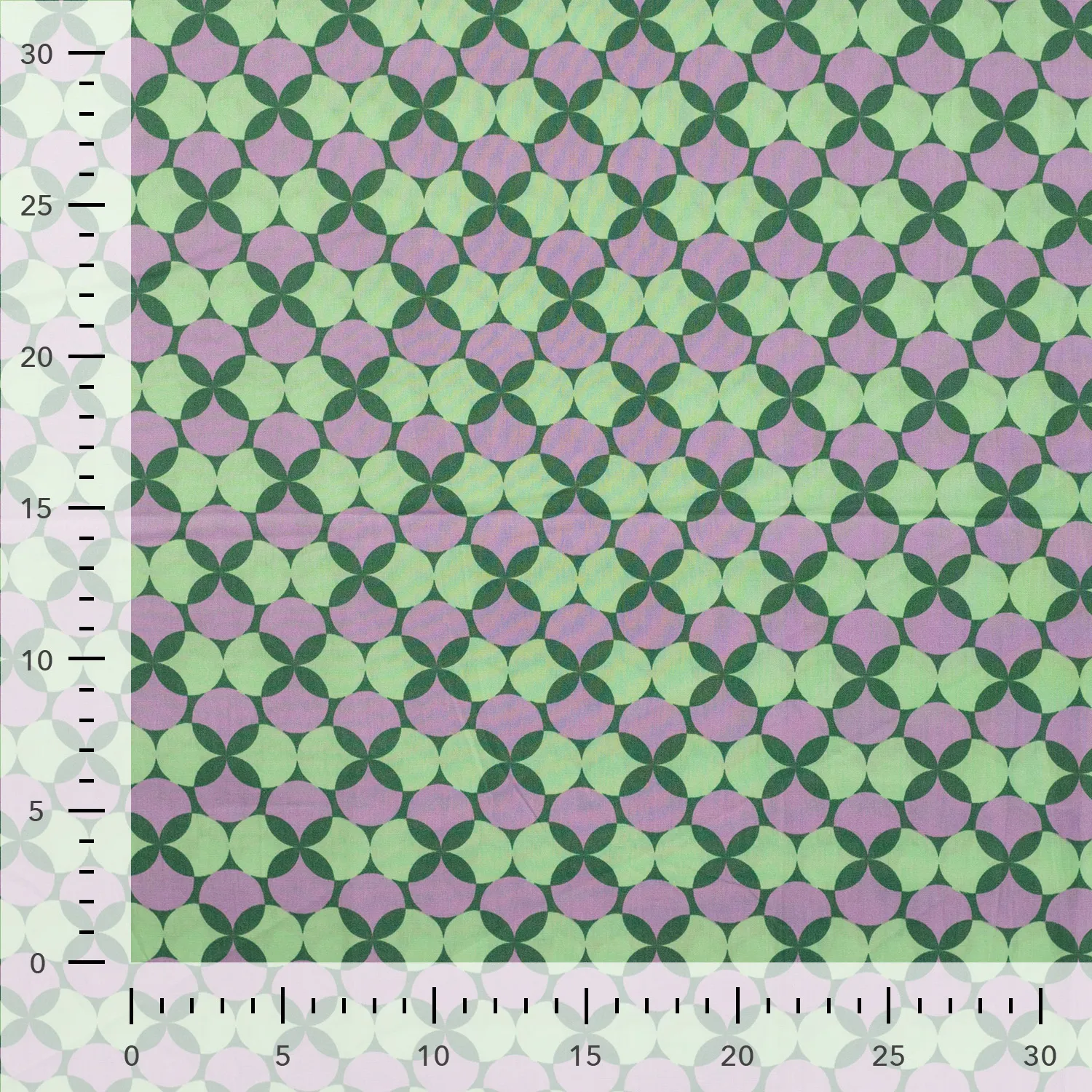 baumwoll-popeline-retro-kreismuster-gruen-flieder Baumwollstoff mit Retro-Kreismuster in Grün und Flieder - fein gewebte Popeline mit grafischem Design