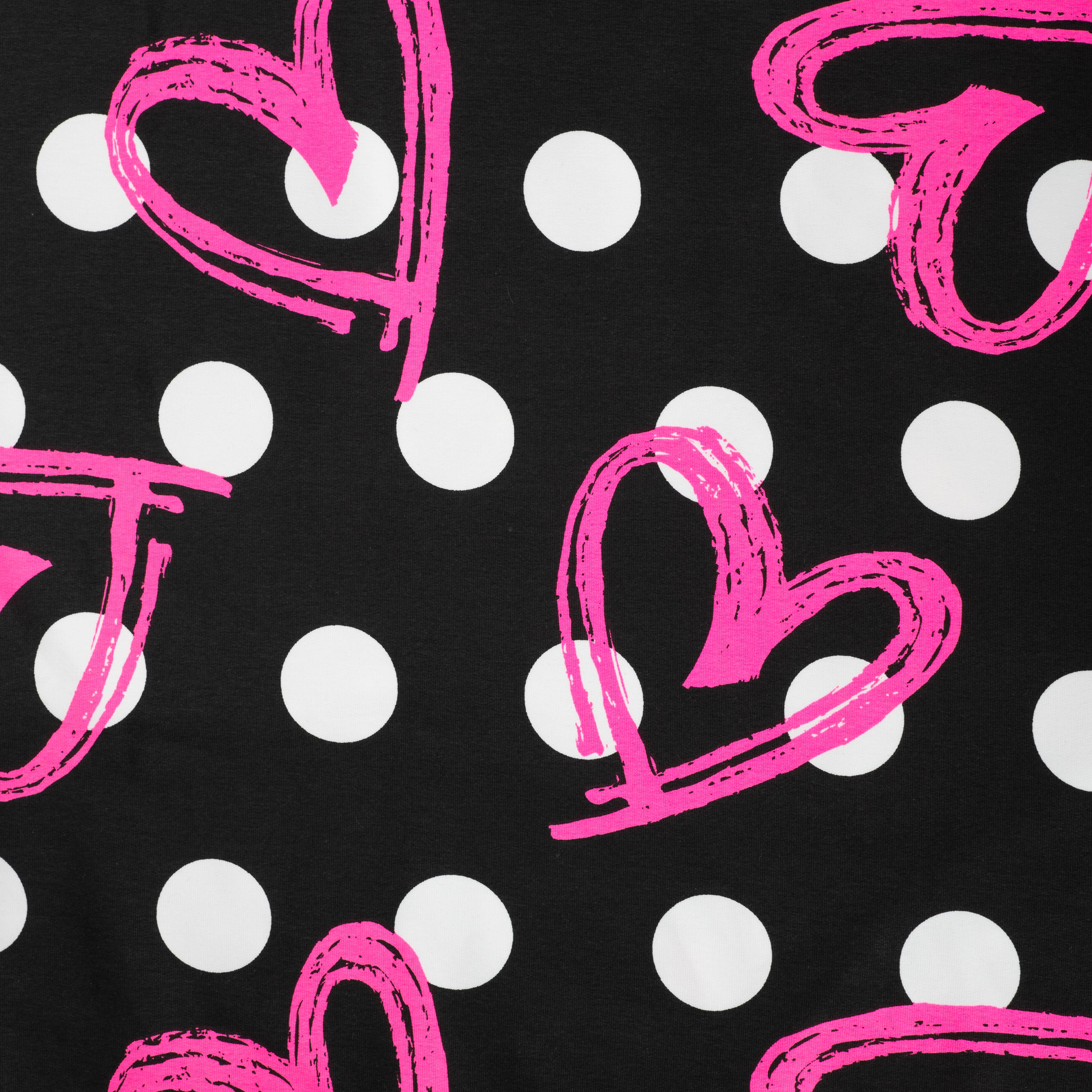 French Terry mit weißen Dots und pinken neon Herzen - schwarz