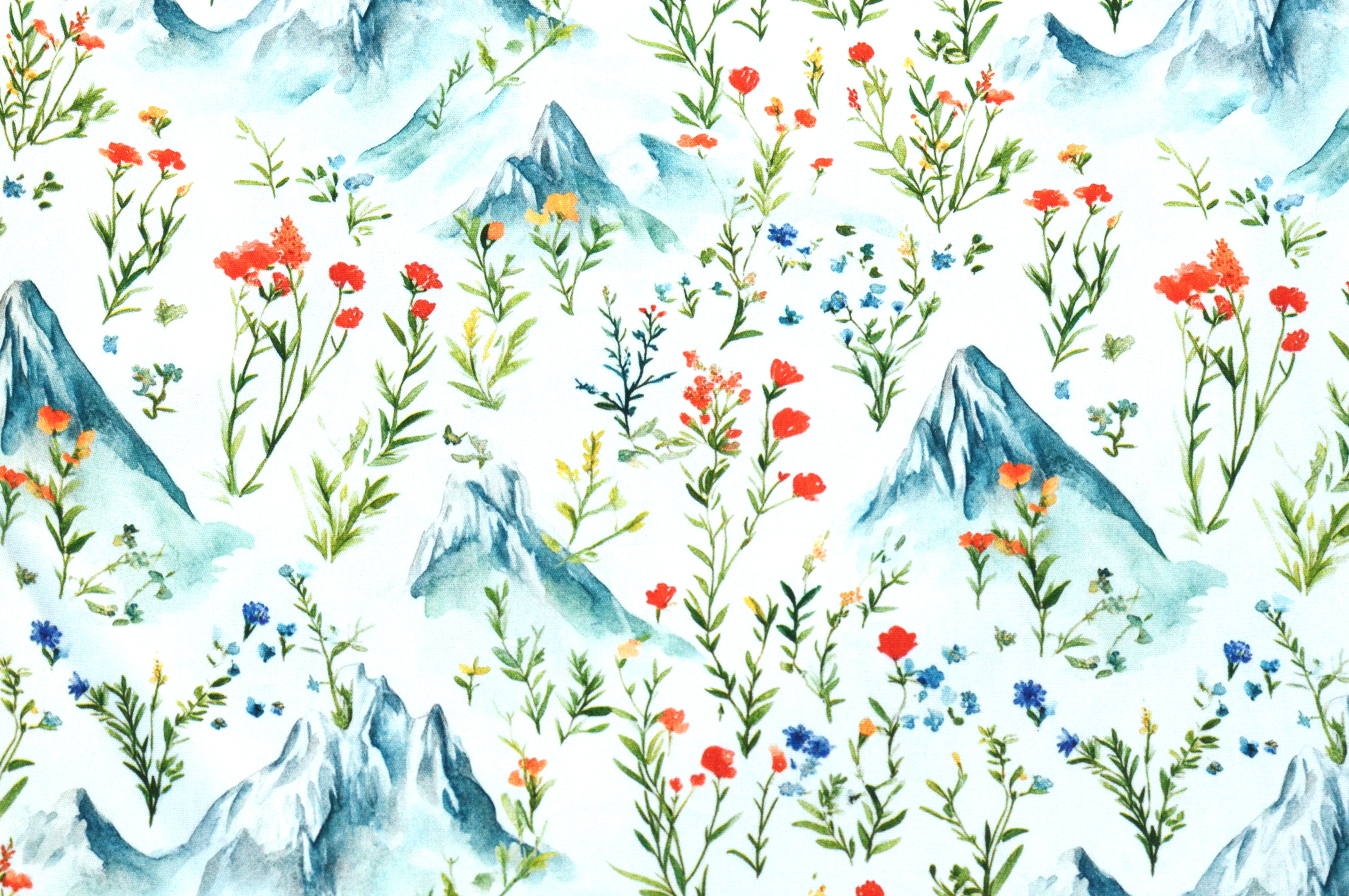 Baumwollstoff Digitaldruck Eigenproduktion mit Berge und Blumen - weiß