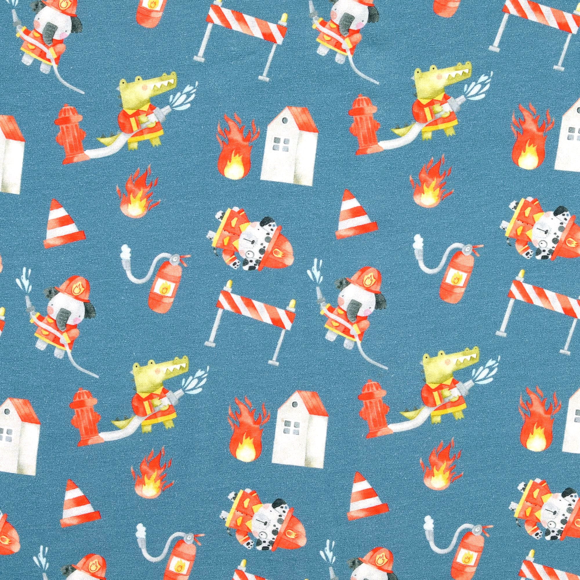 Baumwolljersey Little Darling mit verschiedenen Feuerwehrmotiven - jeansblau