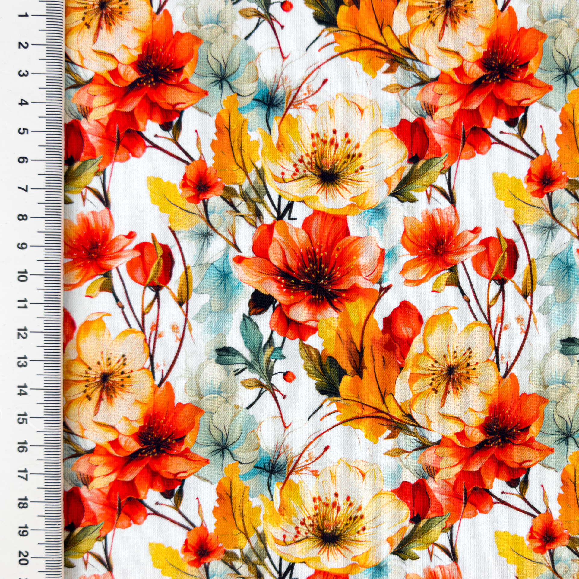 Baumwolljersey Digital "Sunset Flowers" - orange/weiß