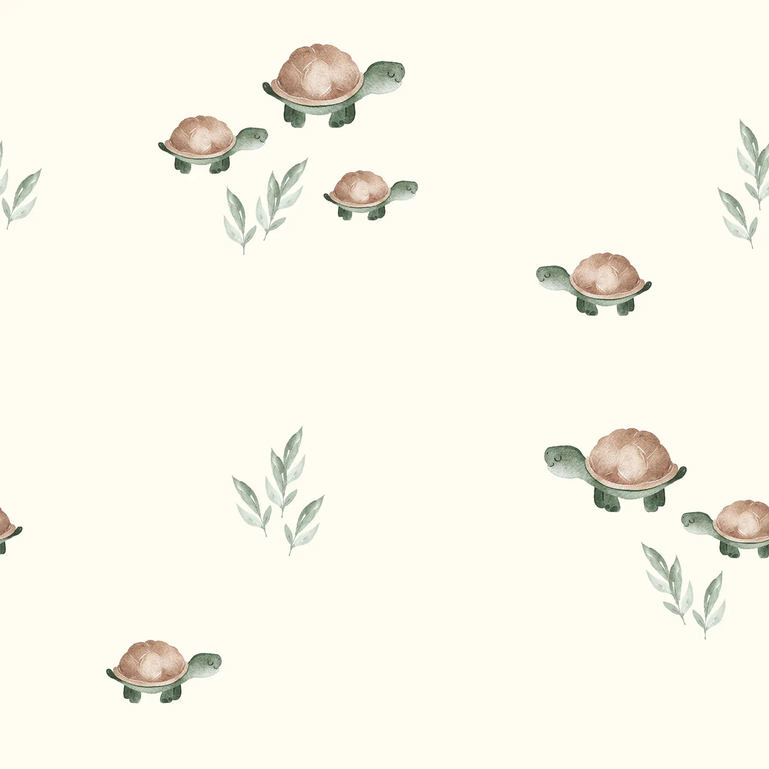 Organic Cotton Jersey mit kleinen Schildkröten und grünen Blättern auf hellem Hintergrund.