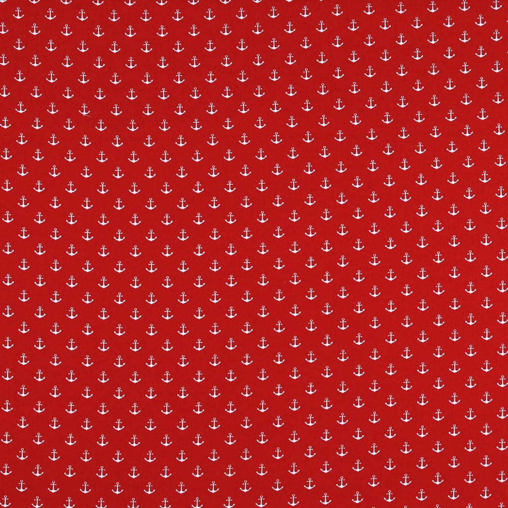 Baumwollstoff rot mit kleinen weißen Ankern (004)   
